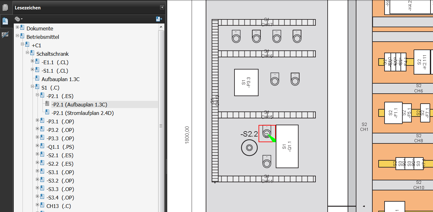 display of equipment “-P21” in a cabinet layout with highlighting